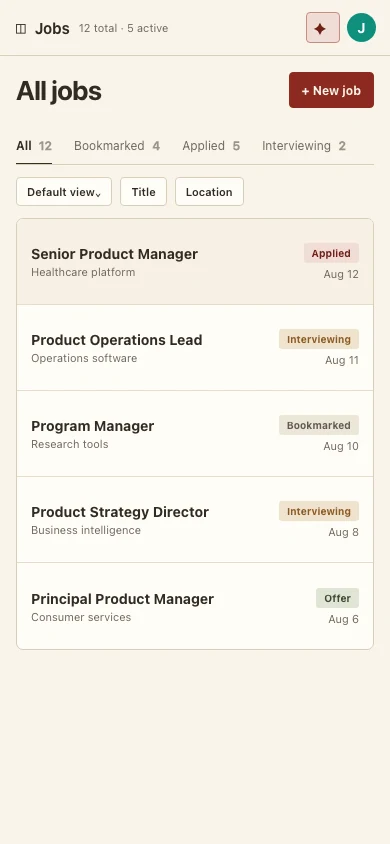 Synthetic Dossier mobile Jobs workspace with tracked roles and application stages.