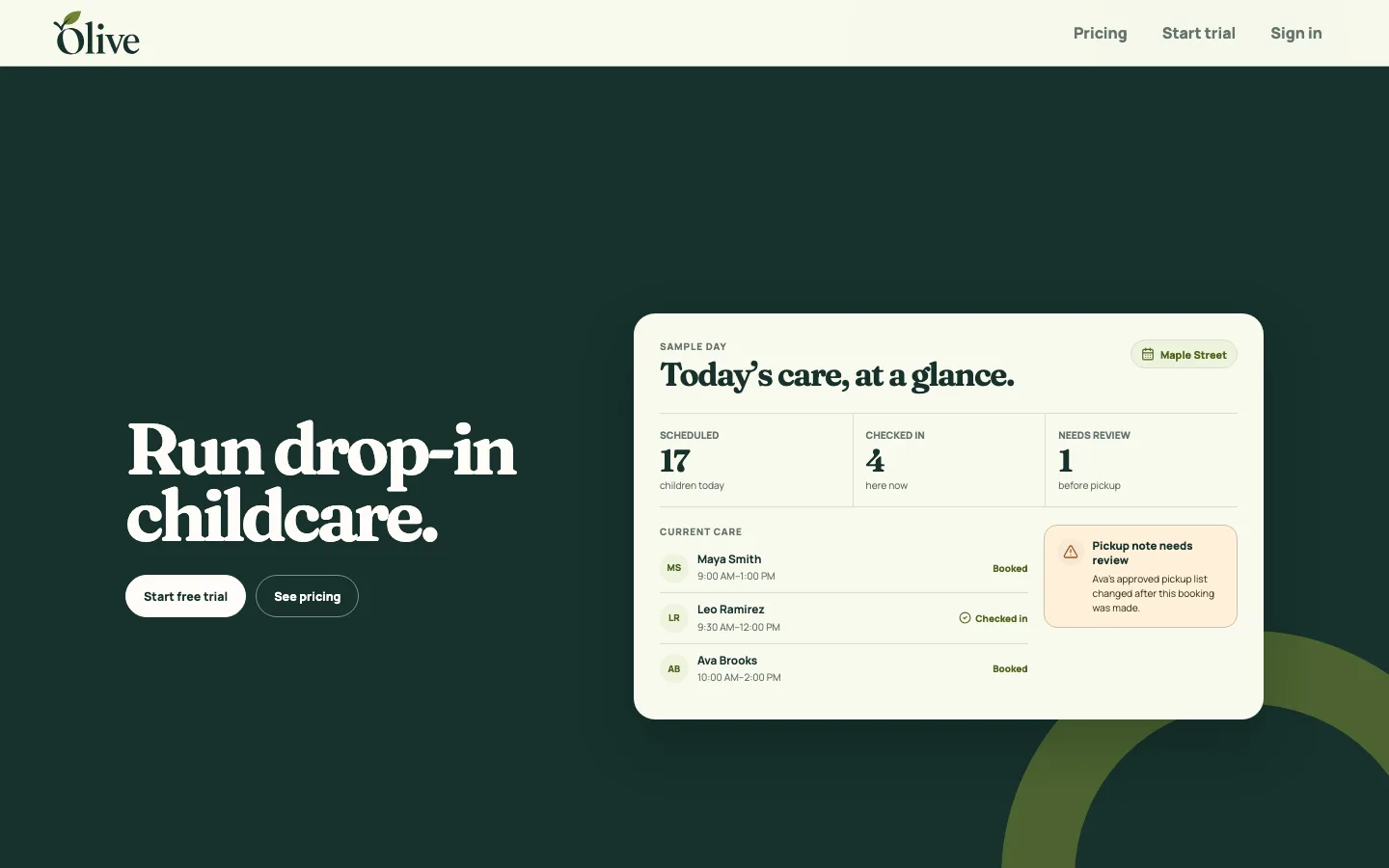 Olive public homepage with a sample childcare operations day