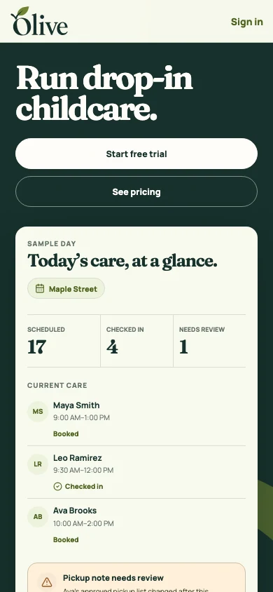 Olive mobile homepage with trial actions and a sample childcare operations day