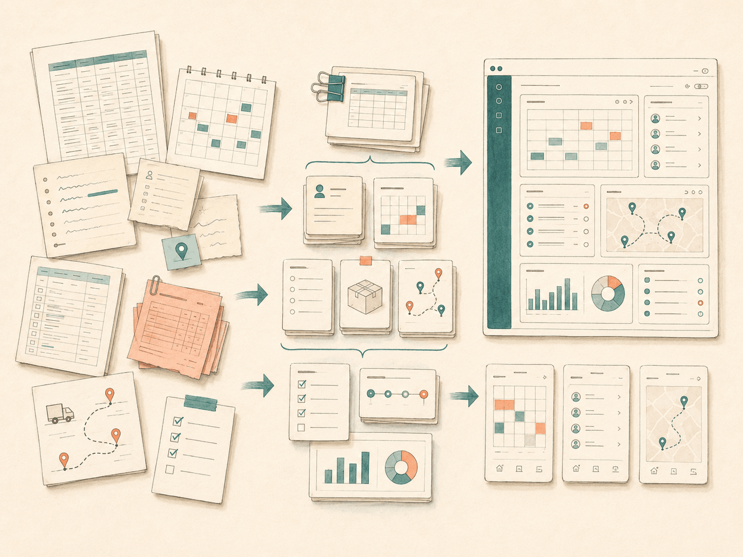 Illustration of paper spreadsheets, calendars, checklists, workflow cards, and app wireframes arranged from manual work to custom software.