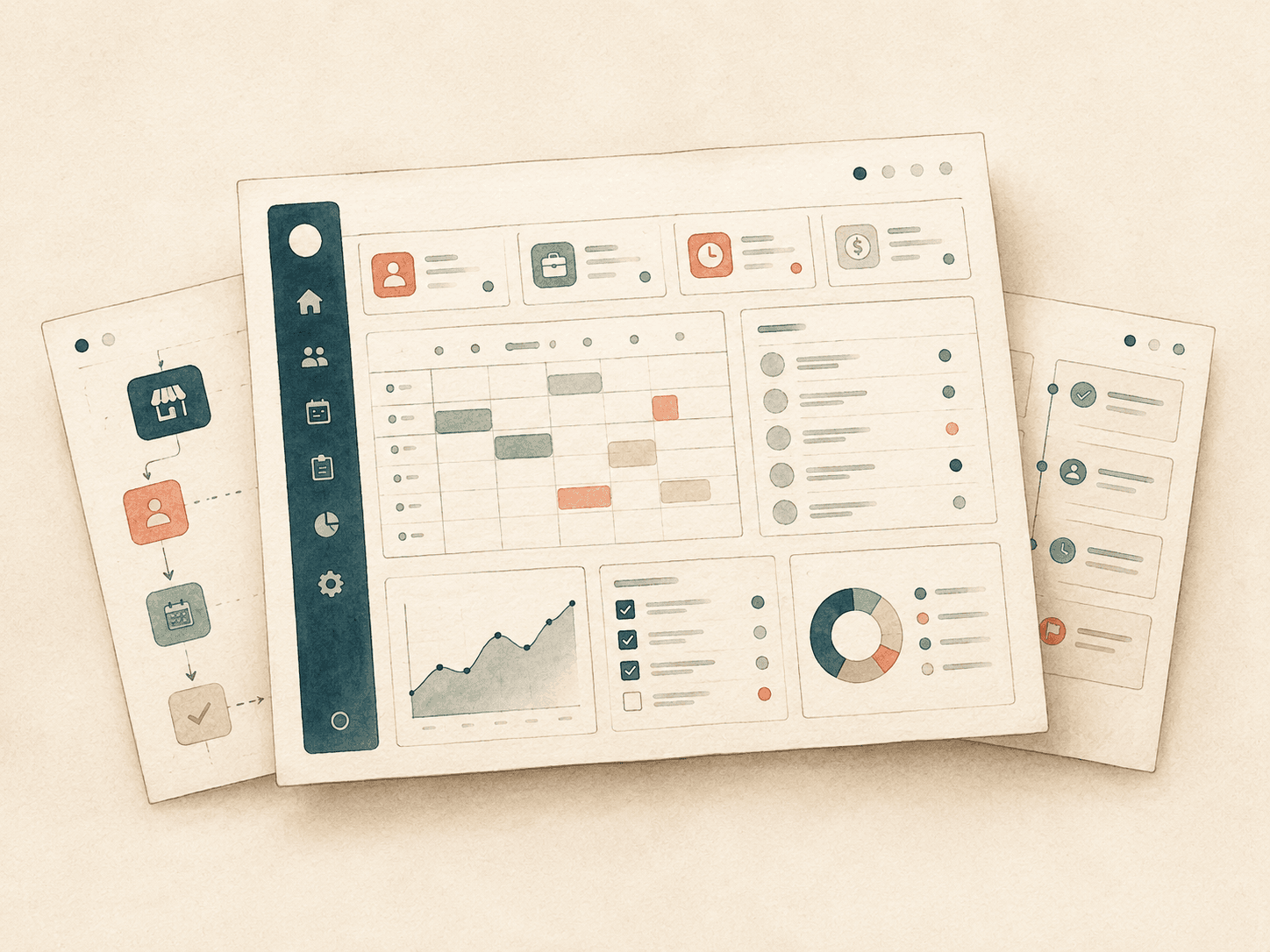 Illustration of a custom web app dashboard draft with schedules, records, charts, and workflow cards.