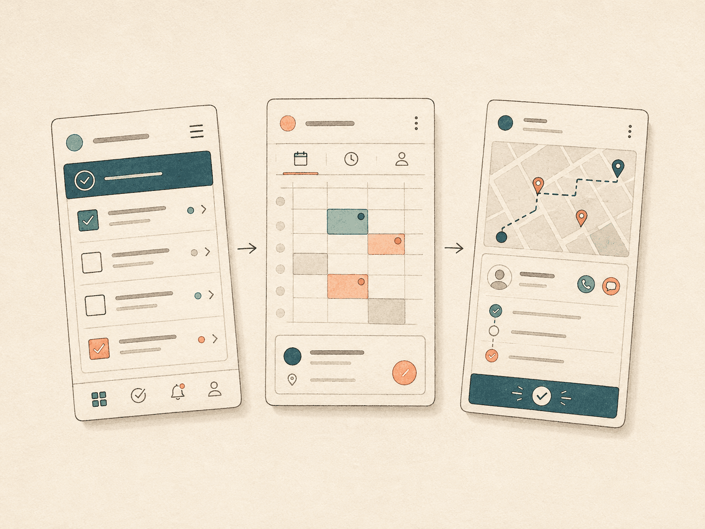 Illustration of three flat mobile app wireframe drafts connected by workflow arrows.