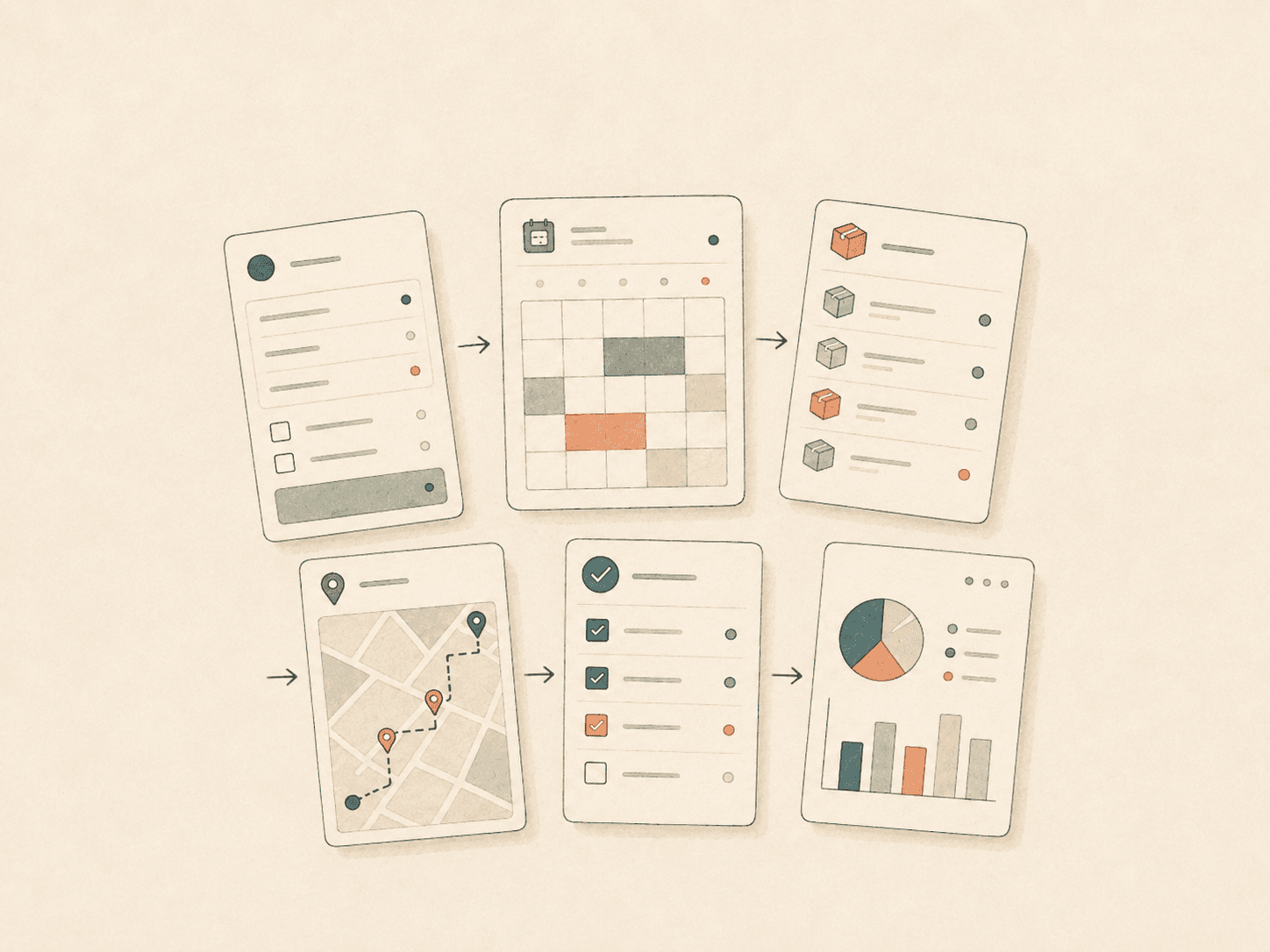 Illustration of connected workflow cards for forms, scheduling, inventory, routes, checklists, and reporting.
