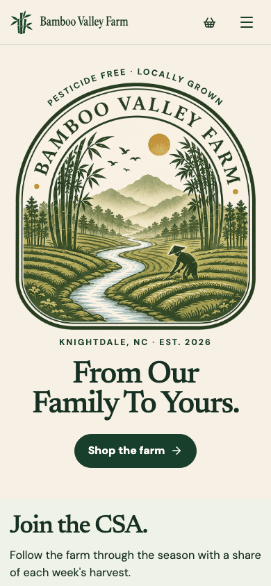 Bamboo Valley Farm homepage on a phone with its emblem and CSA invitation.