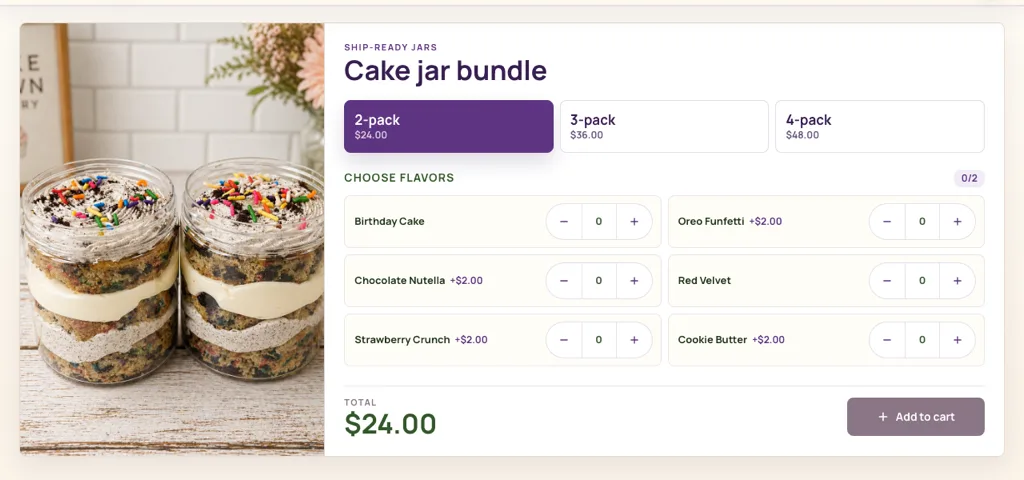 Example of an e-commerce website: Cake Town cake jars with pack pricing, flavor choices, and an Add to cart action.