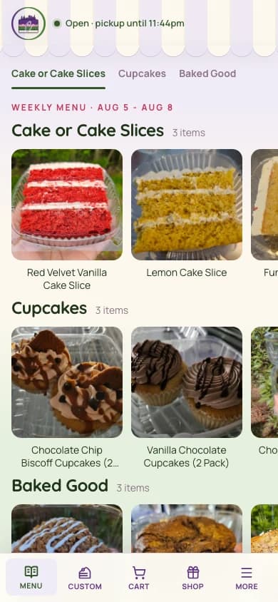 Cake Town mobile weekly menu with current cake, cupcake, and baked-good products.