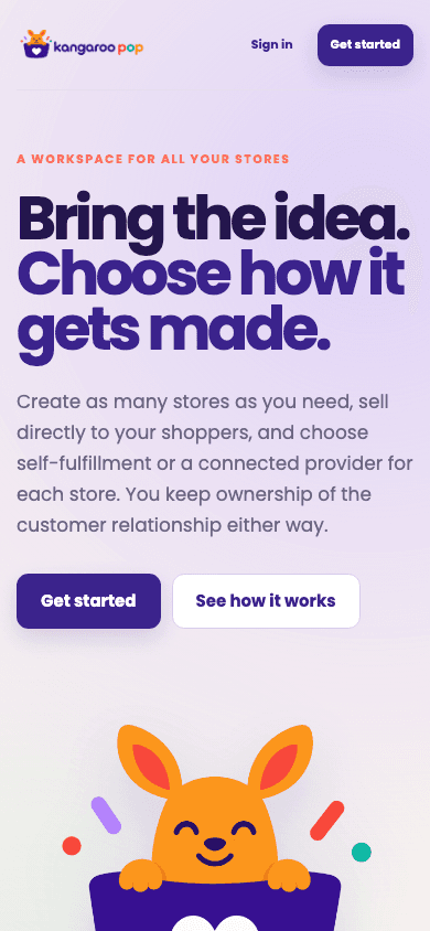 Kangaroo Pop homepage on a phone with its store workspace introduction.