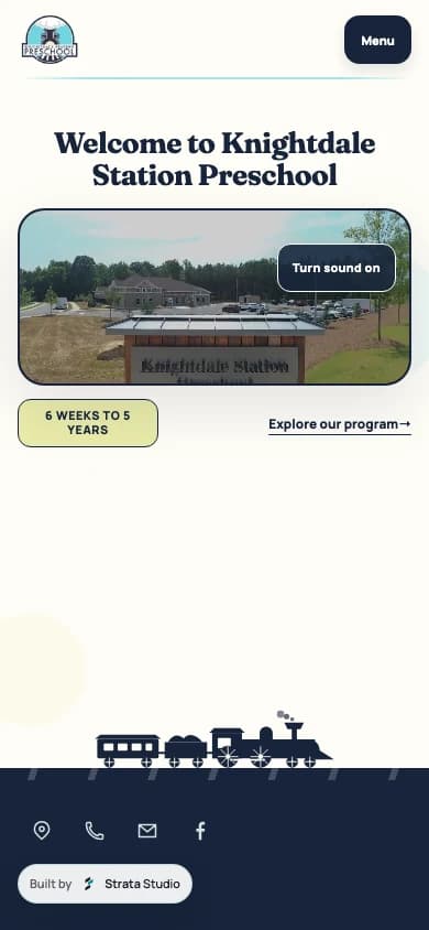 Knightdale Station Preschool mobile homepage with school video, program link, and compact navigation.