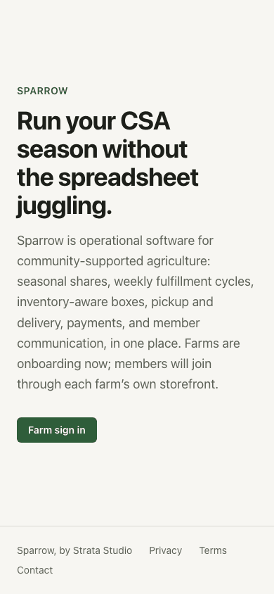 Sparrow homepage on a phone with its CSA season introduction and farm sign-in.